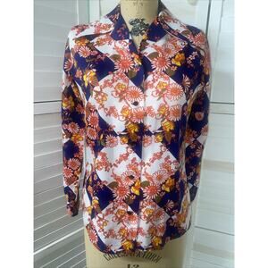 Vintage 70s Lady Arrow Long Sleeve Button Down Floral Poly Blouse Disco Medium